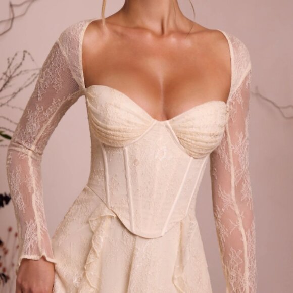 Oh Polly - Ninette Long Sleeve Lace Corset Mini Dress in Ivory - Picture 1 of 7